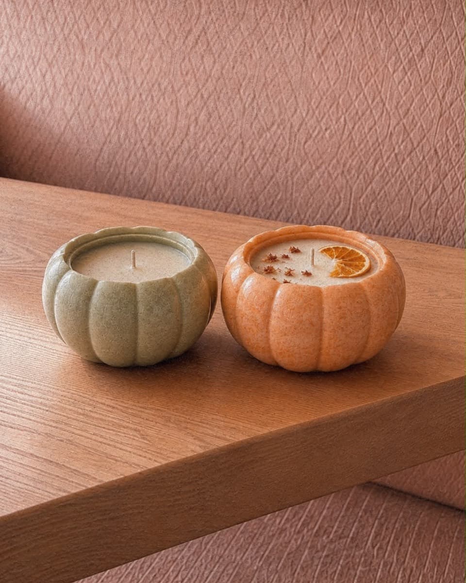 Two pumpkin-shaped ceramic candle jars, one sage green and one orange